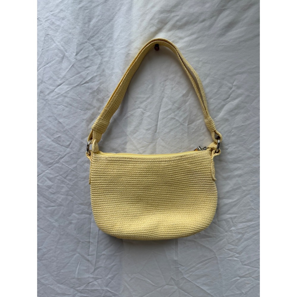 Talbots Yellow Woven Straw Shoulder Bag Pink Lining Bamboo Zip Pull Small - Picture 2 of 7